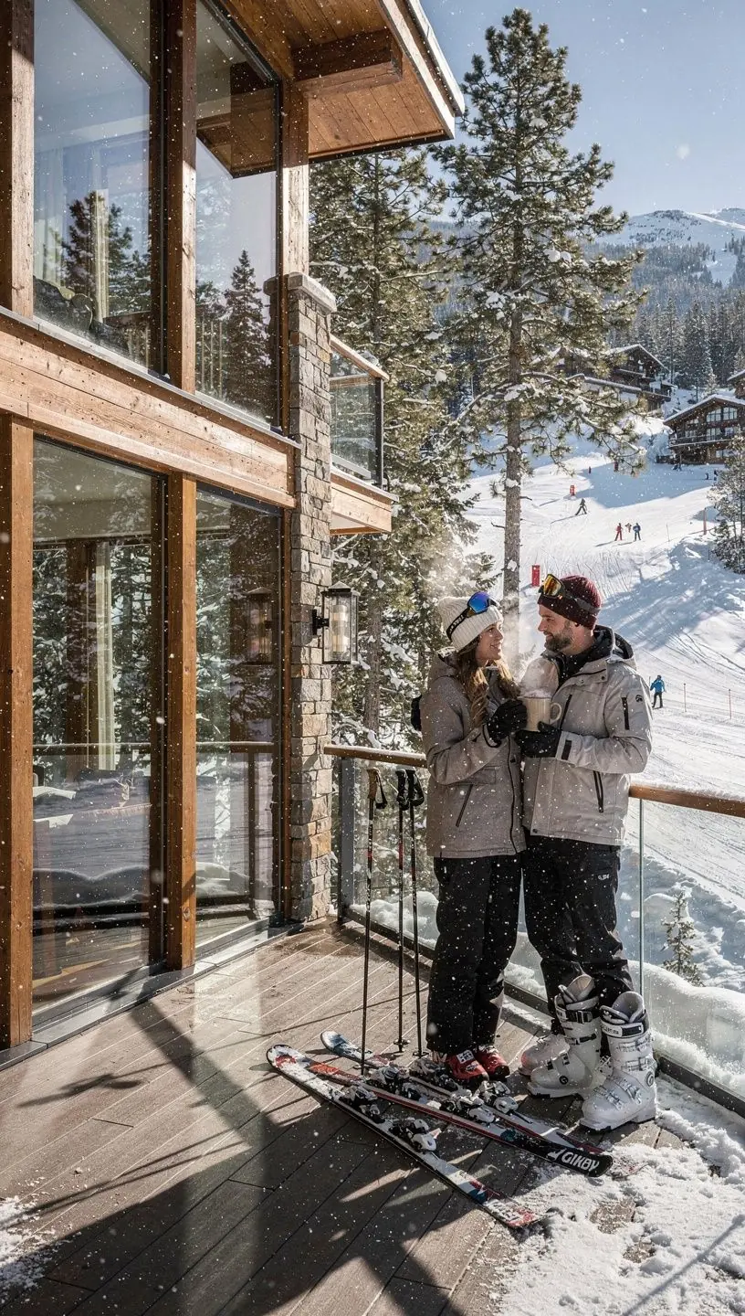 Terrasse einer Skiunterkunft, auf der Gäste die atemberaubende Berglandschaft genießen können.