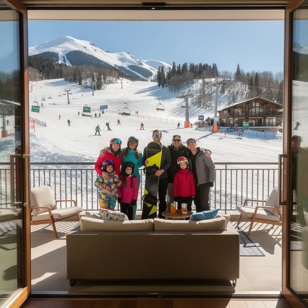Gemütliche Wohnräume mit Kamin und Panoramafenstern in den Alpen.