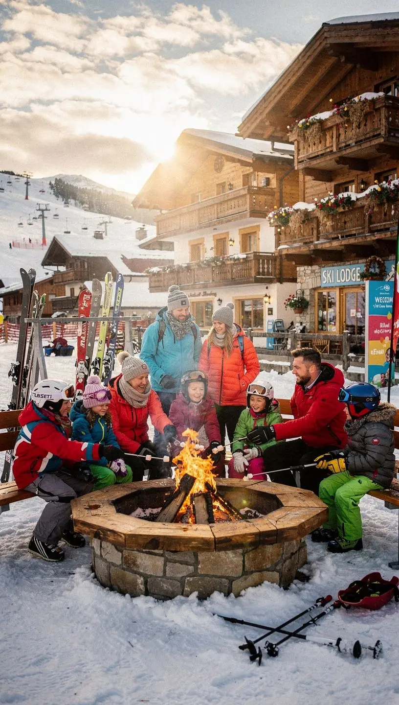 Gemütlicher Wohnbereich einer Skiwohnung mit Kamin und modernen Möbeln.
