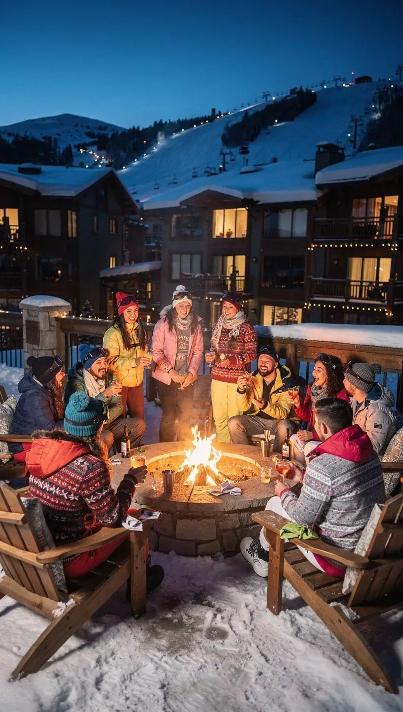 Moderne Ferienwohnungen inmitten einer winterlichen Landschaft.