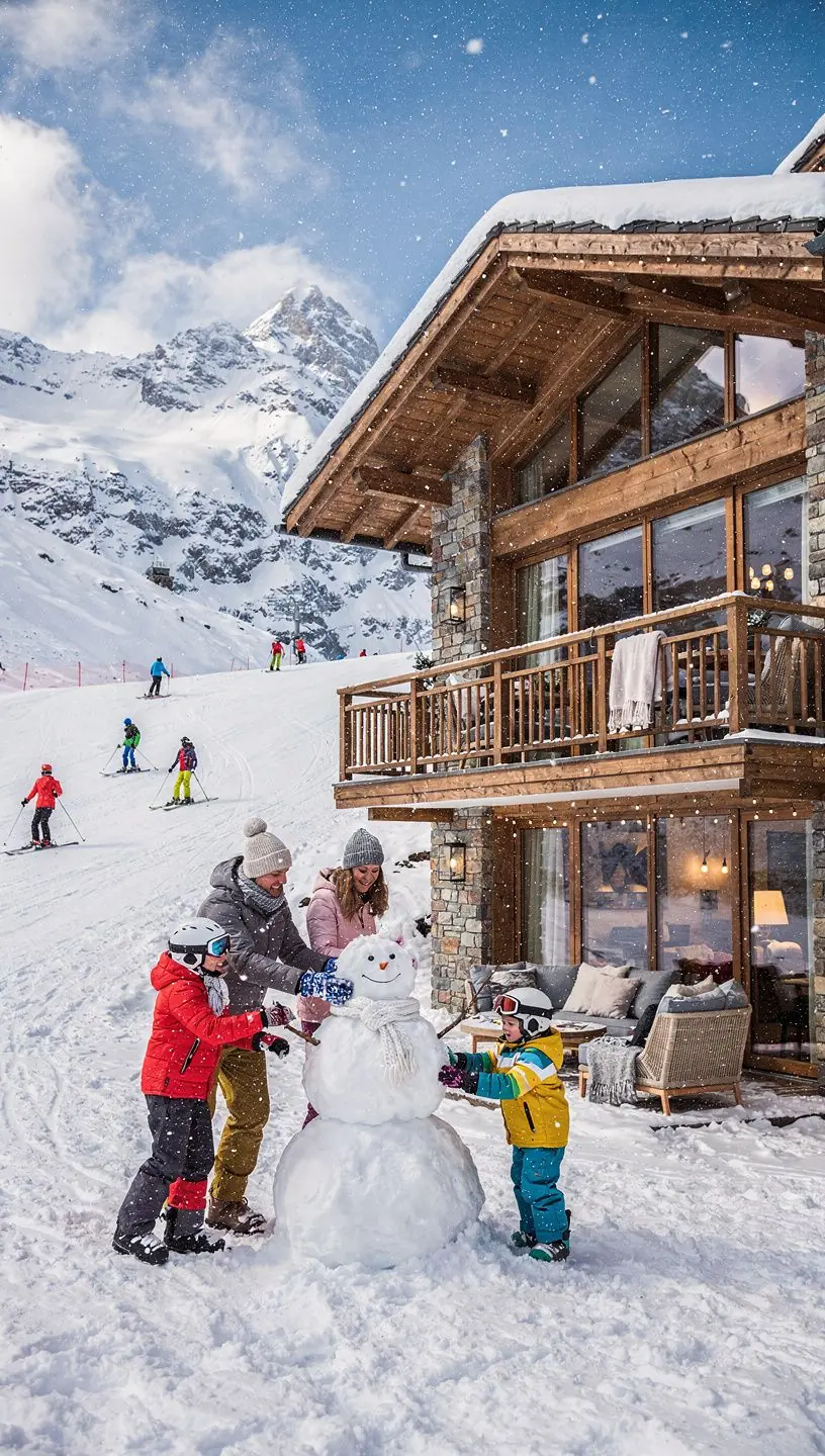 Schneebedeckte Berghütten mit Blick auf die Piste in Österreich.