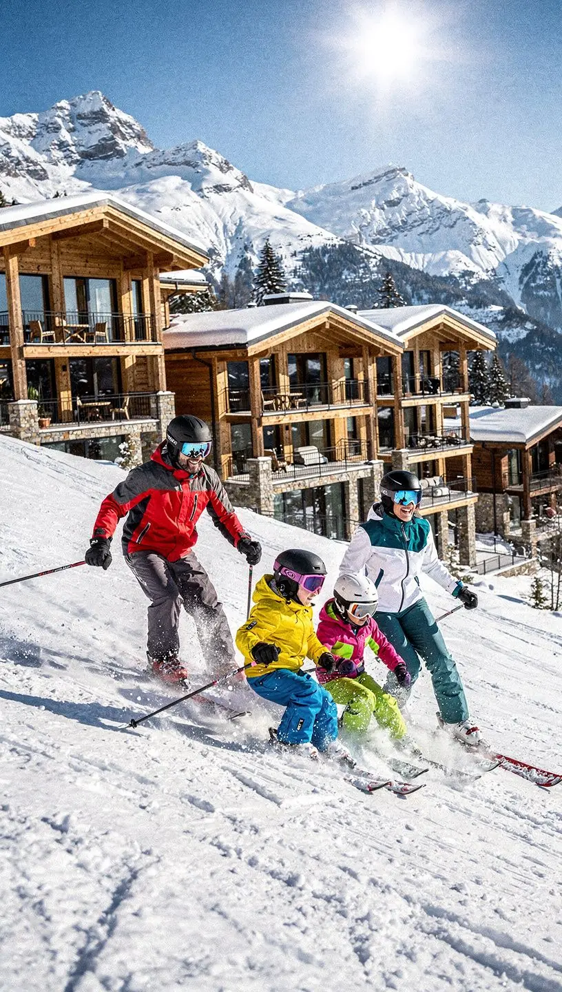 AuГџenansicht eines luxuriГ¶sen Chalets umgeben von schneebedeckten Bergen.