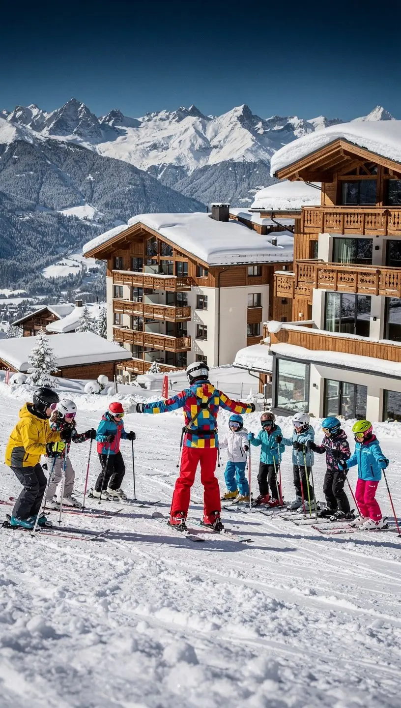 Aktive Skifahrer fahren die Hänge hinunter, umgeben von Chalets.